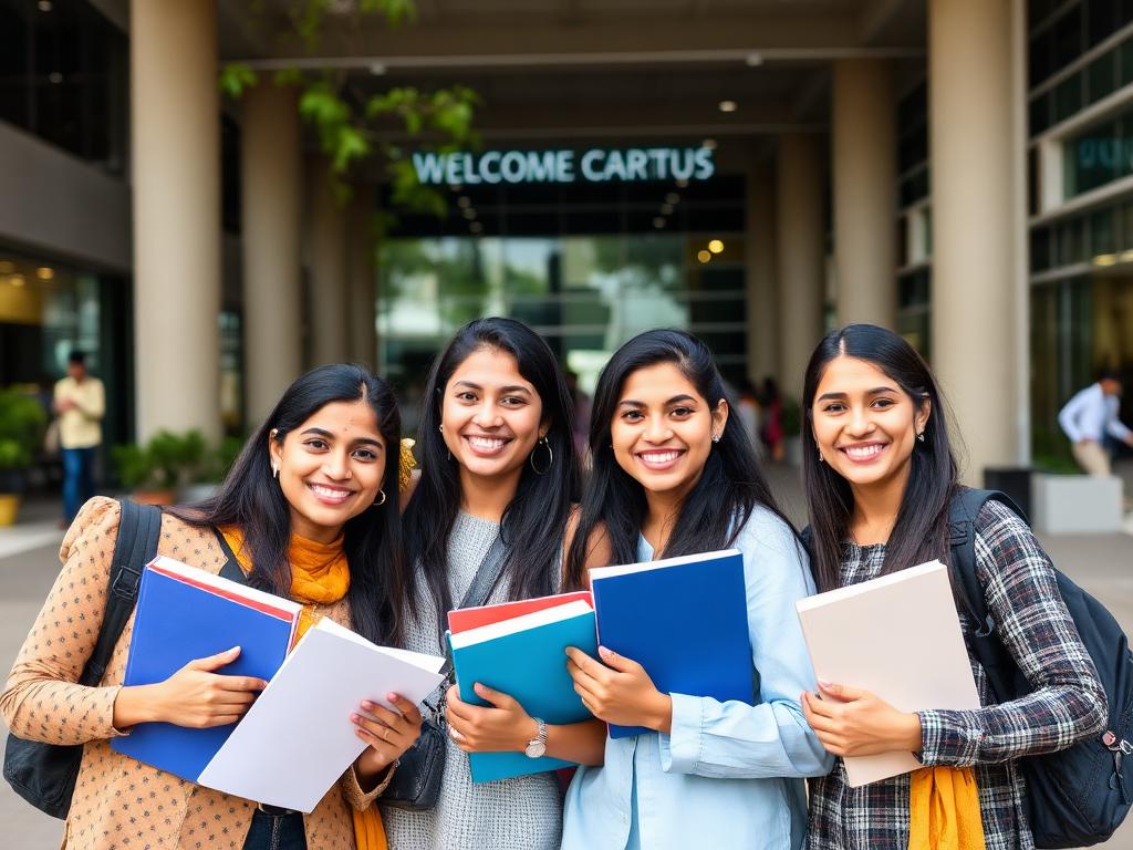 Happy students with books on campus